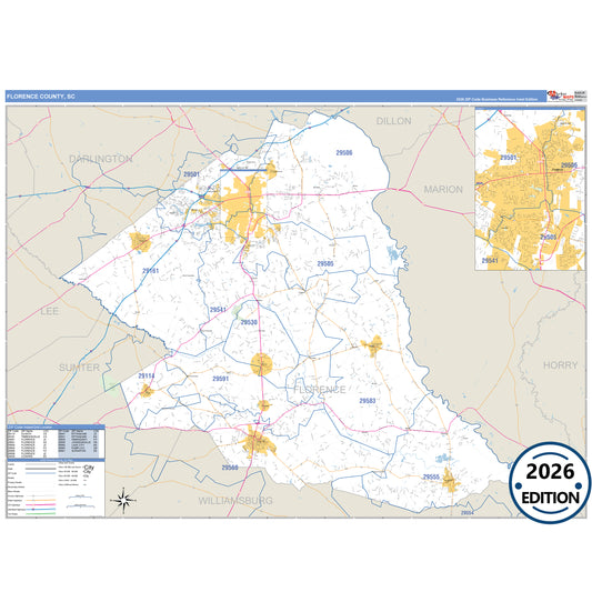 Florence County, SC Business Reference 5 Digit ZIP Code Wall Map
