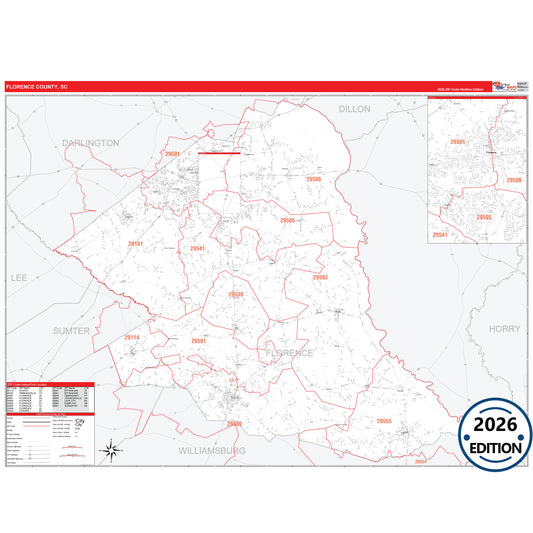Florence County, SC Red Line 5 Digit ZIP Code Wall Map