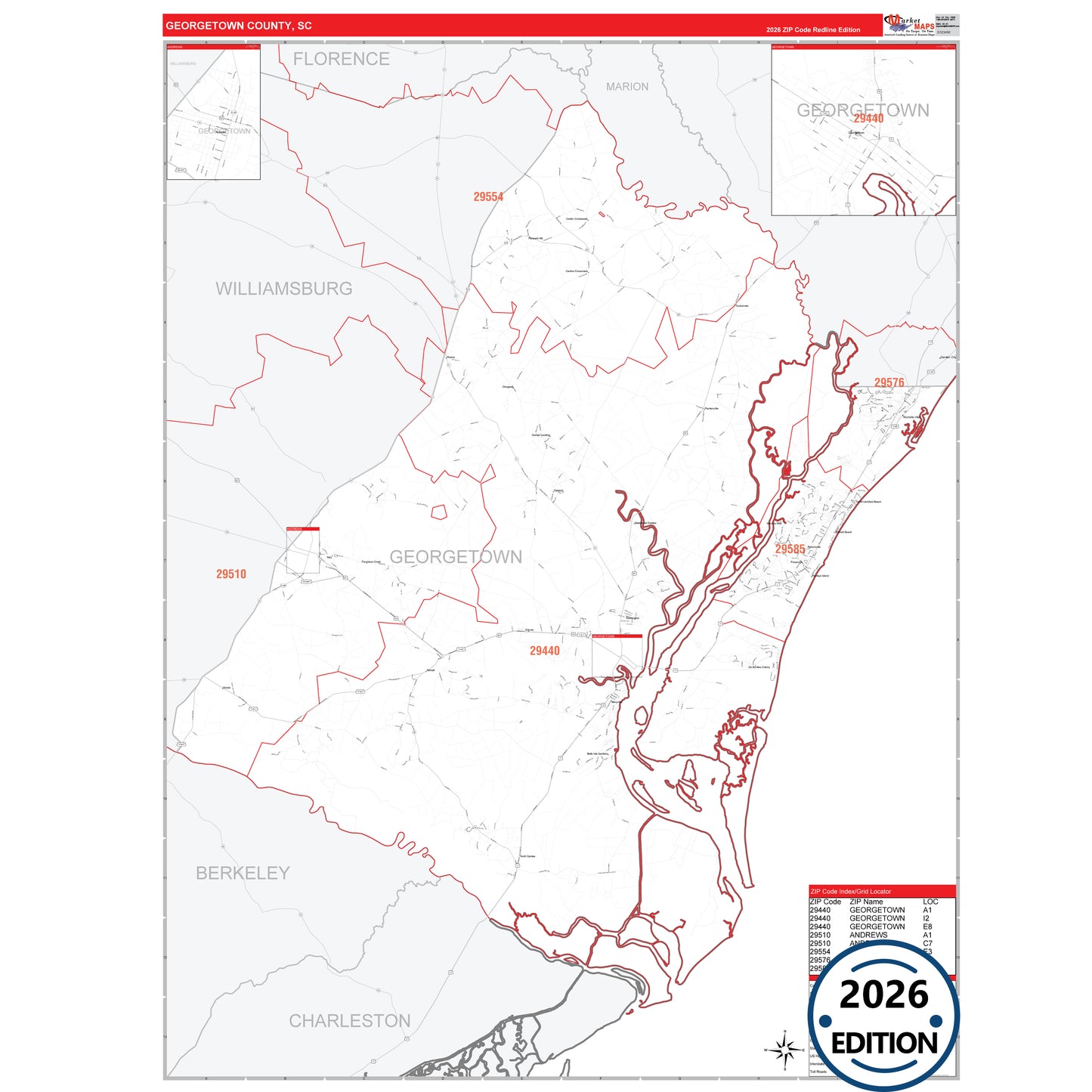 Georgetown County, SC Red Line 5 Digit ZIP Code Wall Map