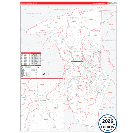 Greenville County, SC Red Line 5 Digit ZIP Code Wall Map