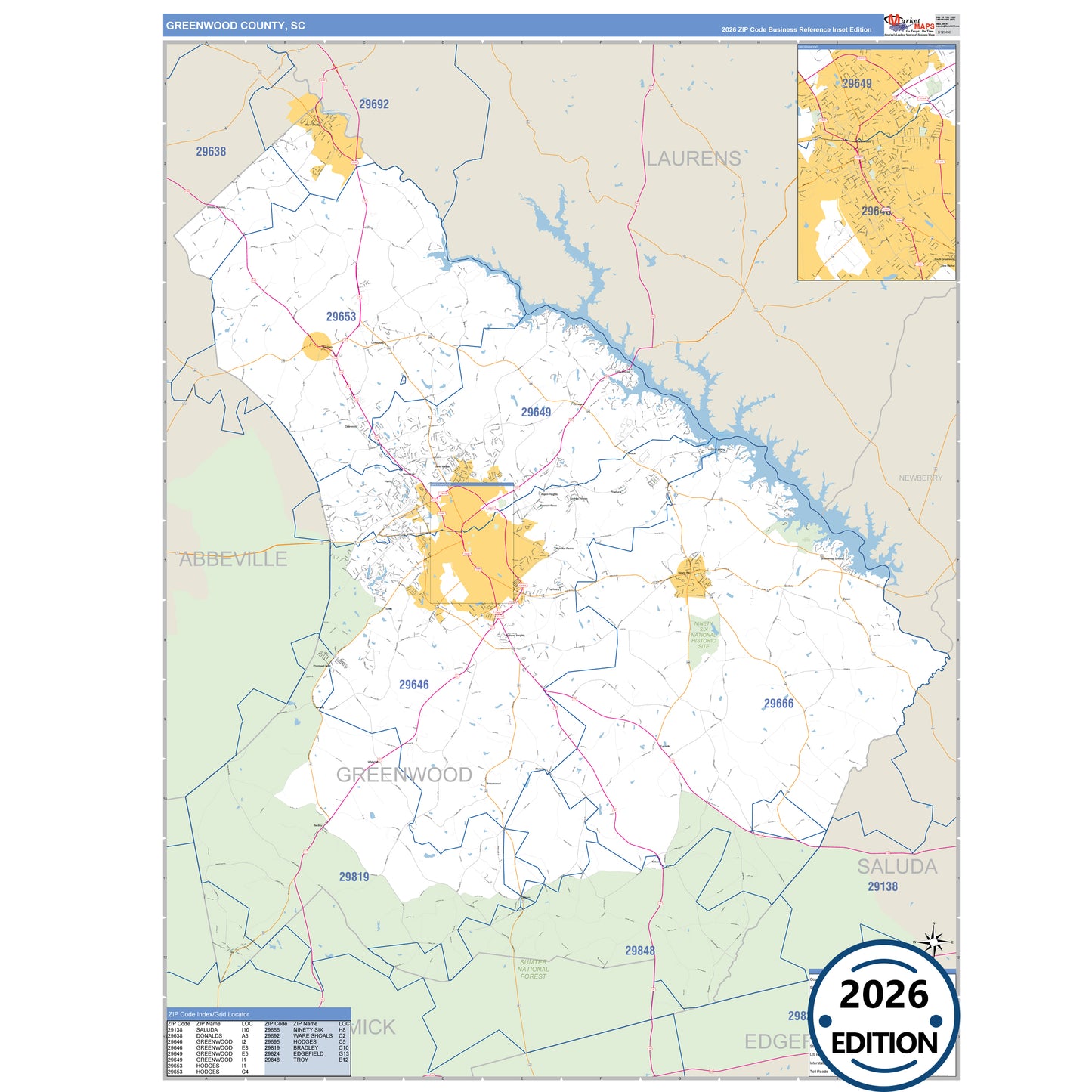 Greenwood County, SC Business Reference 5 Digit ZIP Code Wall Map
