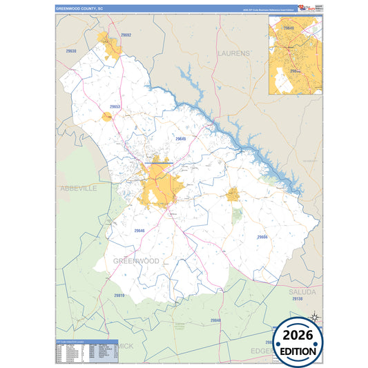 Greenwood County, SC Business Reference 5 Digit ZIP Code Wall Map