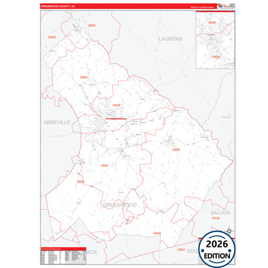 Greenwood County, SC Red Line 5 Digit ZIP Code Wall Map
