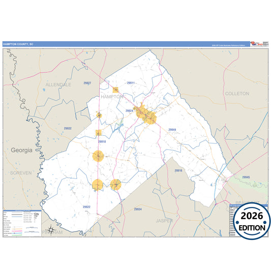 Hampton County, SC Business Reference 5 Digit ZIP Code Wall Map