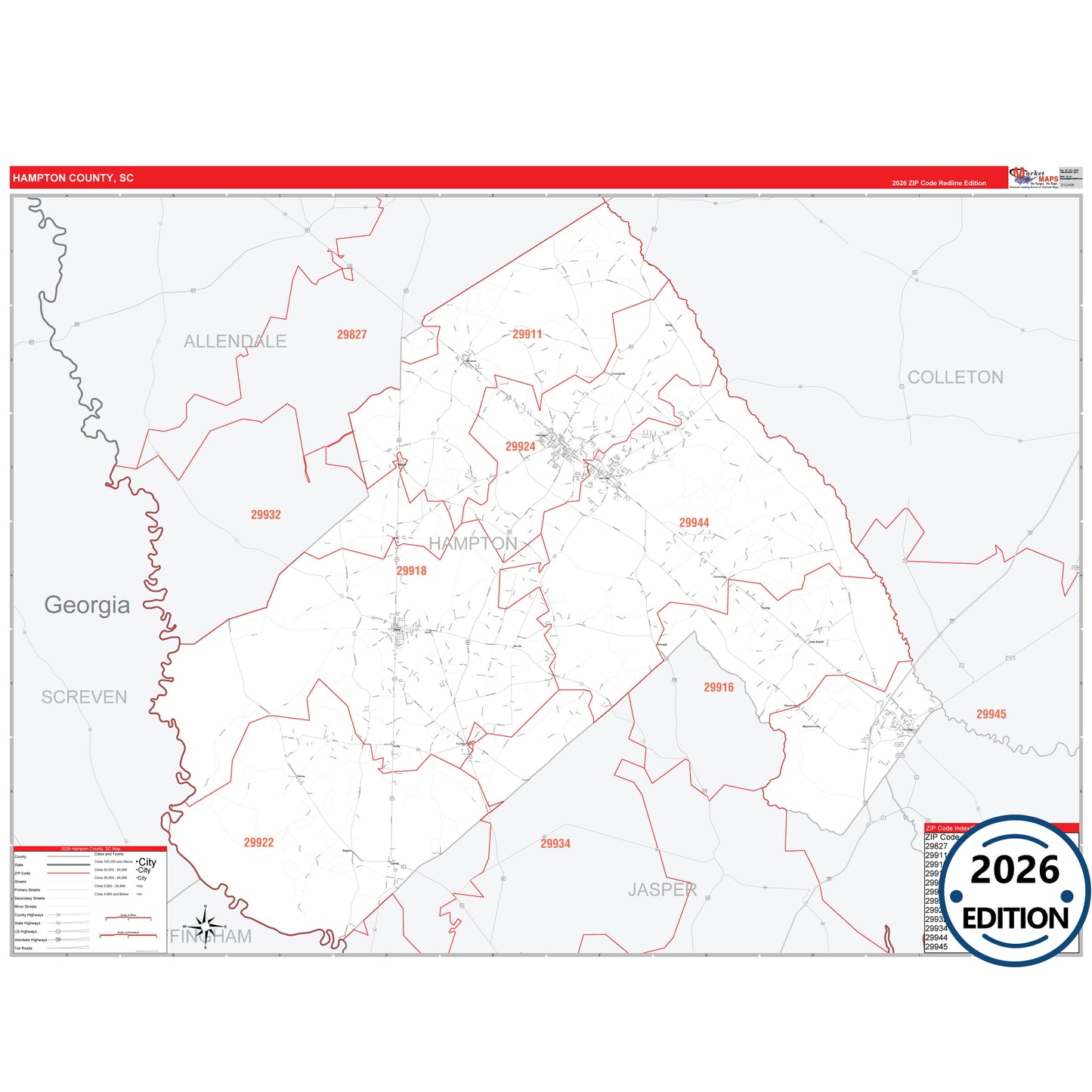 Hampton County, SC Red Line 5 Digit ZIP Code Wall Map