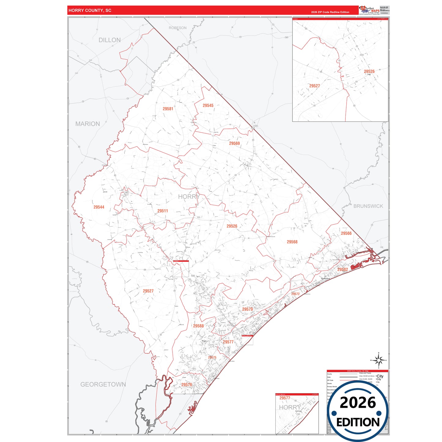 Horry County, SC Red Line 5 Digit ZIP Code Wall Map