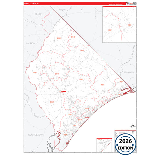 Horry County, SC Red Line 5 Digit ZIP Code Wall Map