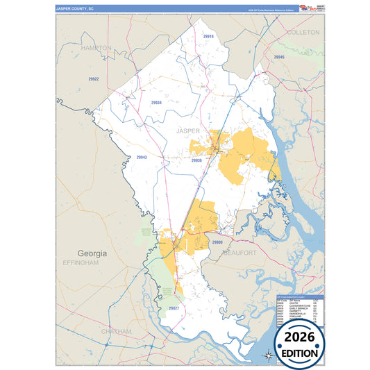 Jasper County, SC Business Reference 5 Digit ZIP Code Wall Map