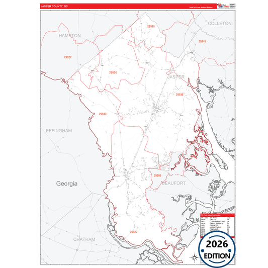 Jasper County, SC Red Line 5 Digit ZIP Code Wall Map