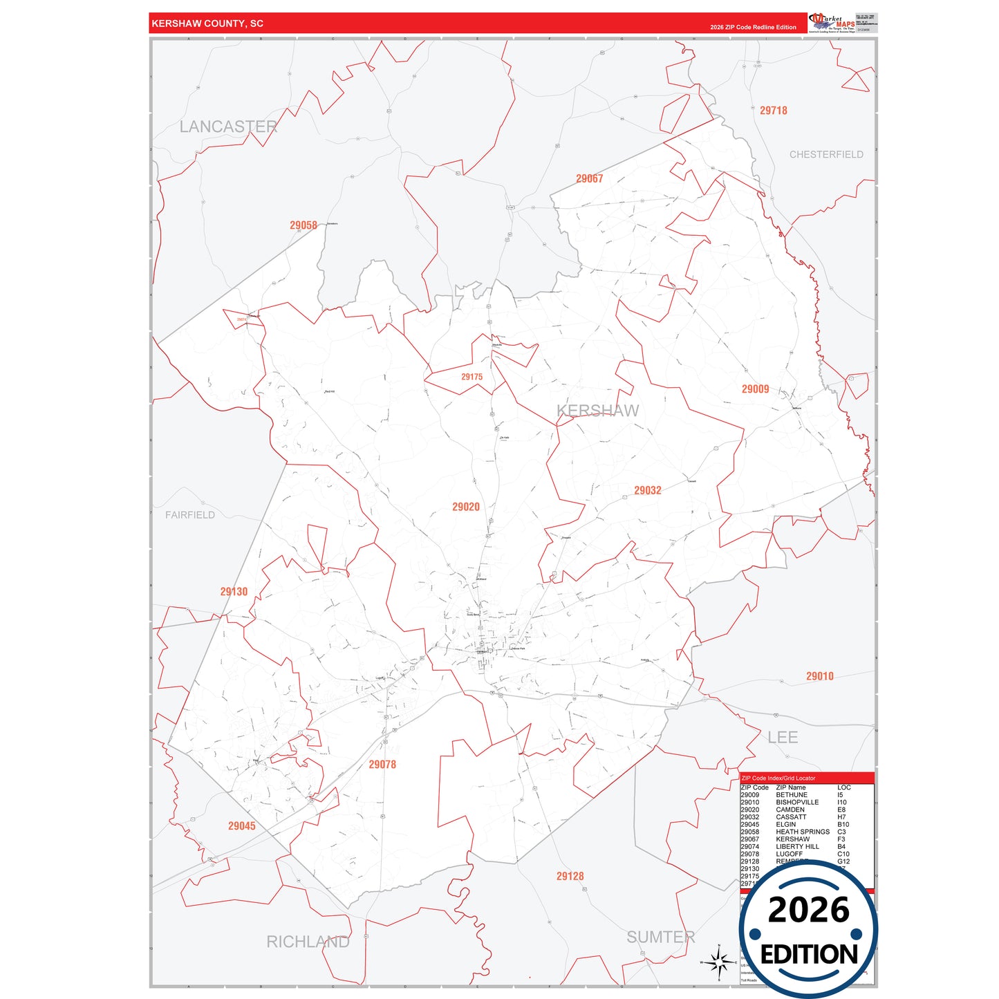 Kershaw County, SC Red Line 5 Digit ZIP Code Wall Map