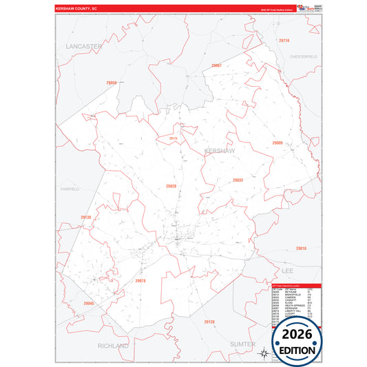 Kershaw County, SC Red Line 5 Digit ZIP Code Wall Map