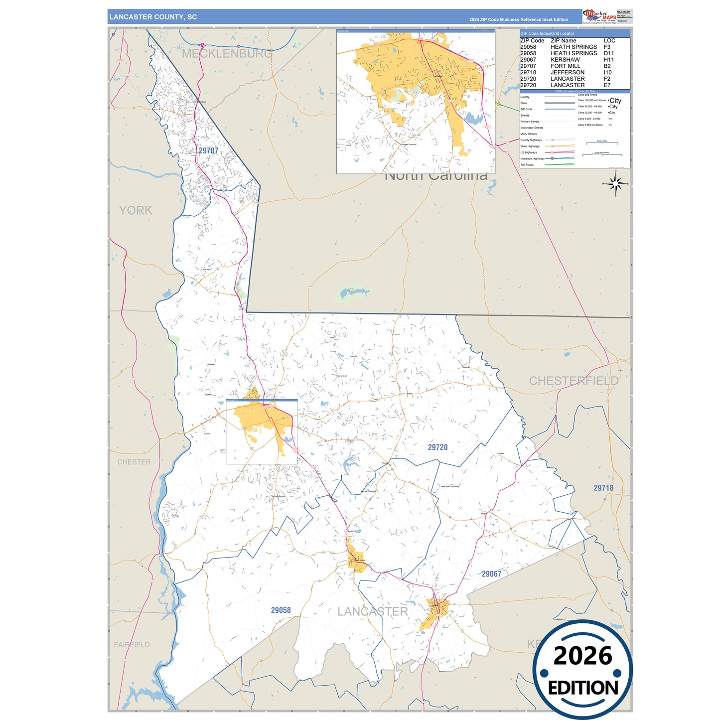 Lancaster County, SC Business Reference 5 Digit ZIP Code Wall Map