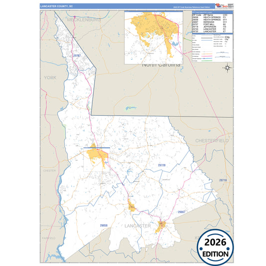 Lancaster County, SC Business Reference 5 Digit ZIP Code Wall Map