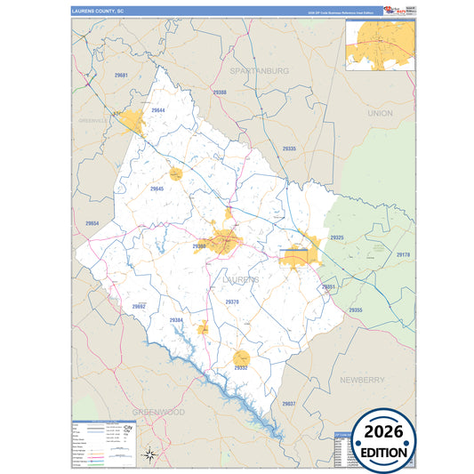Laurens County, SC Business Reference 5 Digit ZIP Code Wall Map