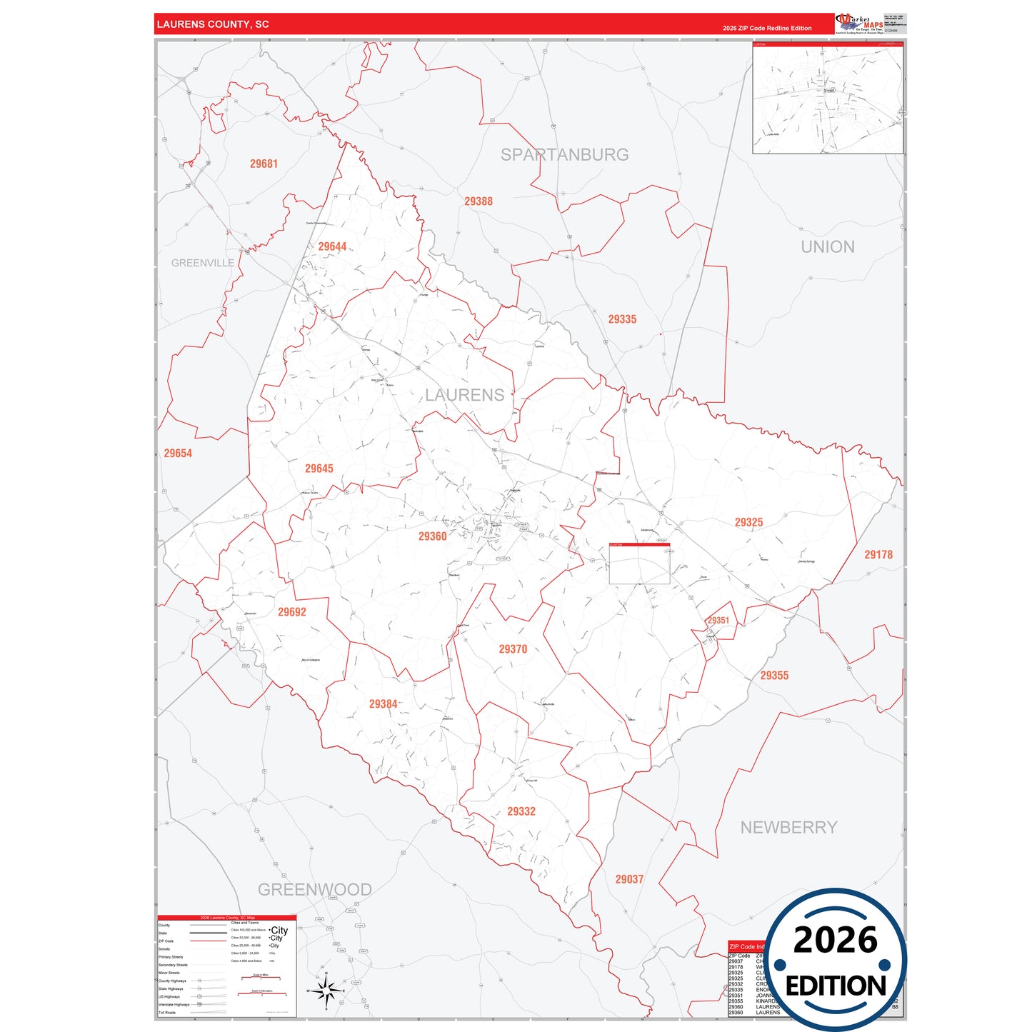 Laurens County, SC Red Line 5 Digit ZIP Code Wall Map