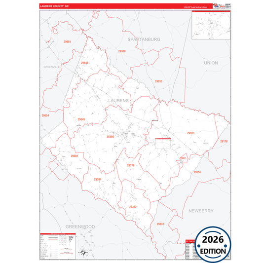 Laurens County, SC Red Line 5 Digit ZIP Code Wall Map