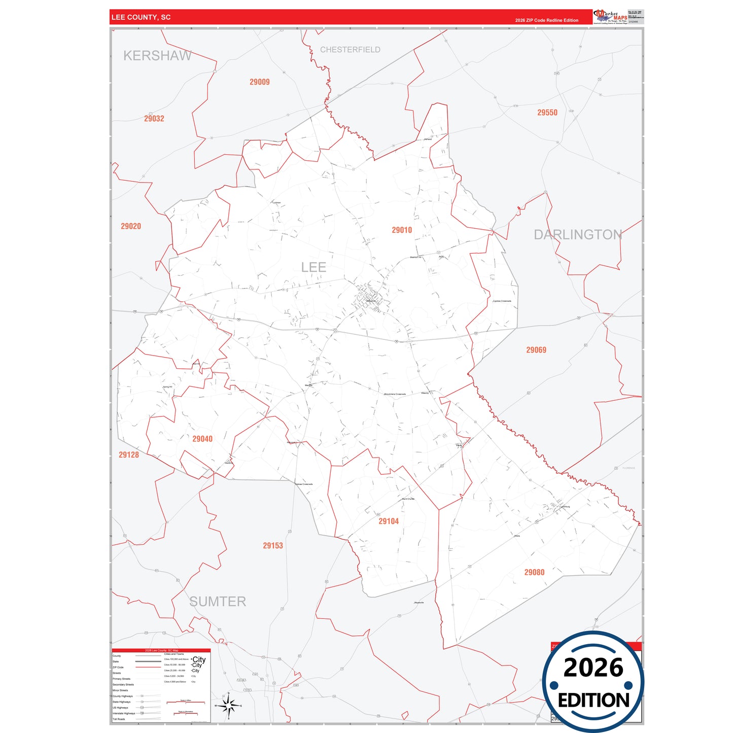 Lee County, SC Red Line 5 Digit ZIP Code Wall Map