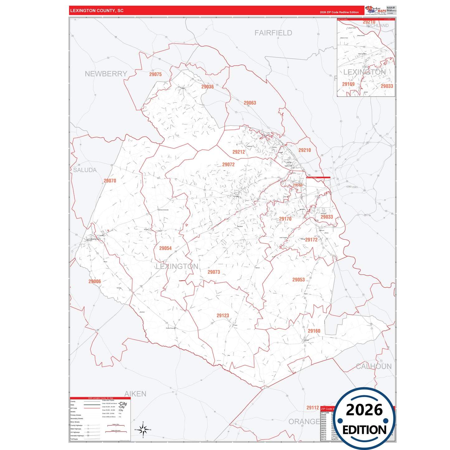 Lexington County, SC Red Line 5 Digit ZIP Code Wall Map