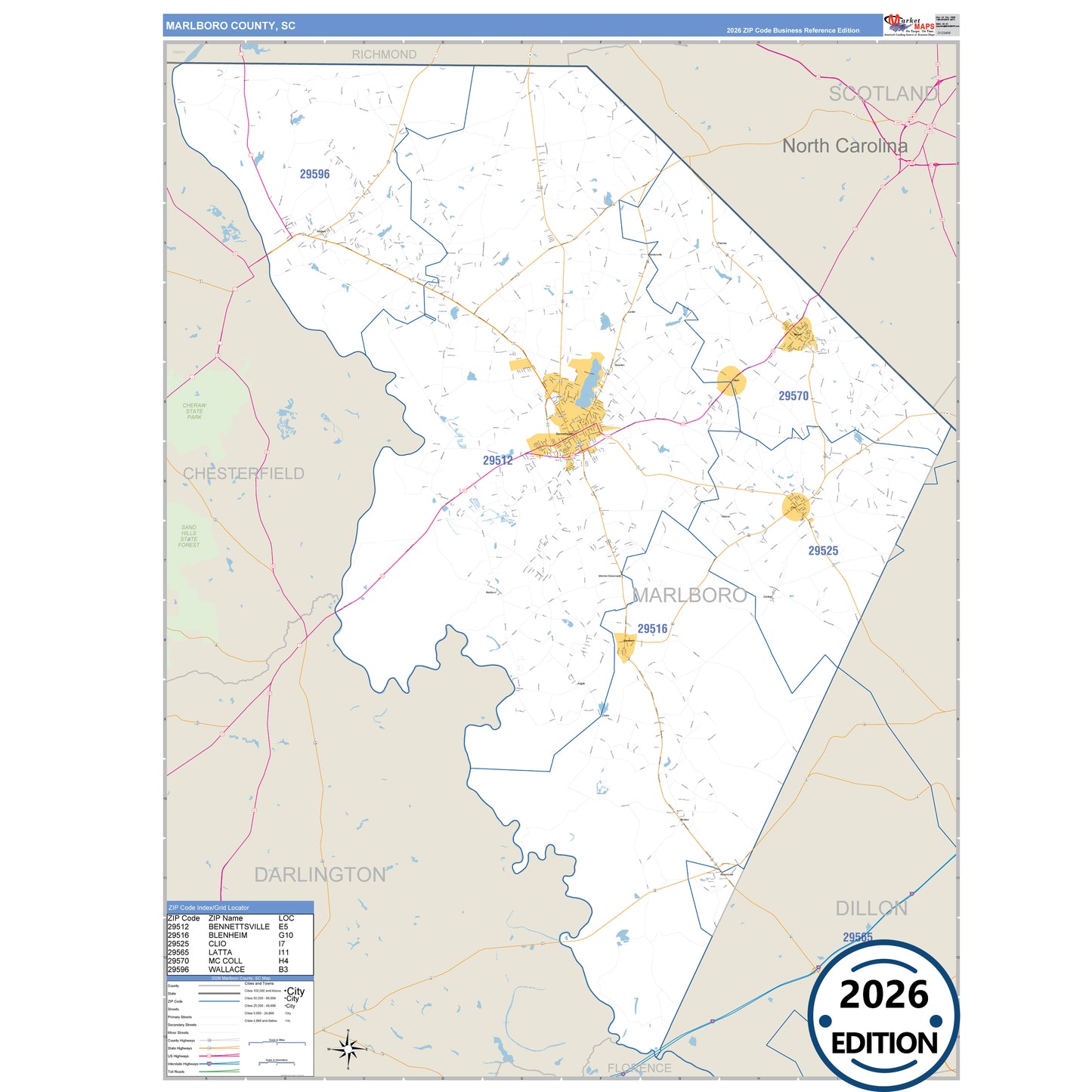 Marlboro County, SC Business Reference 5 Digit ZIP Code Wall Map