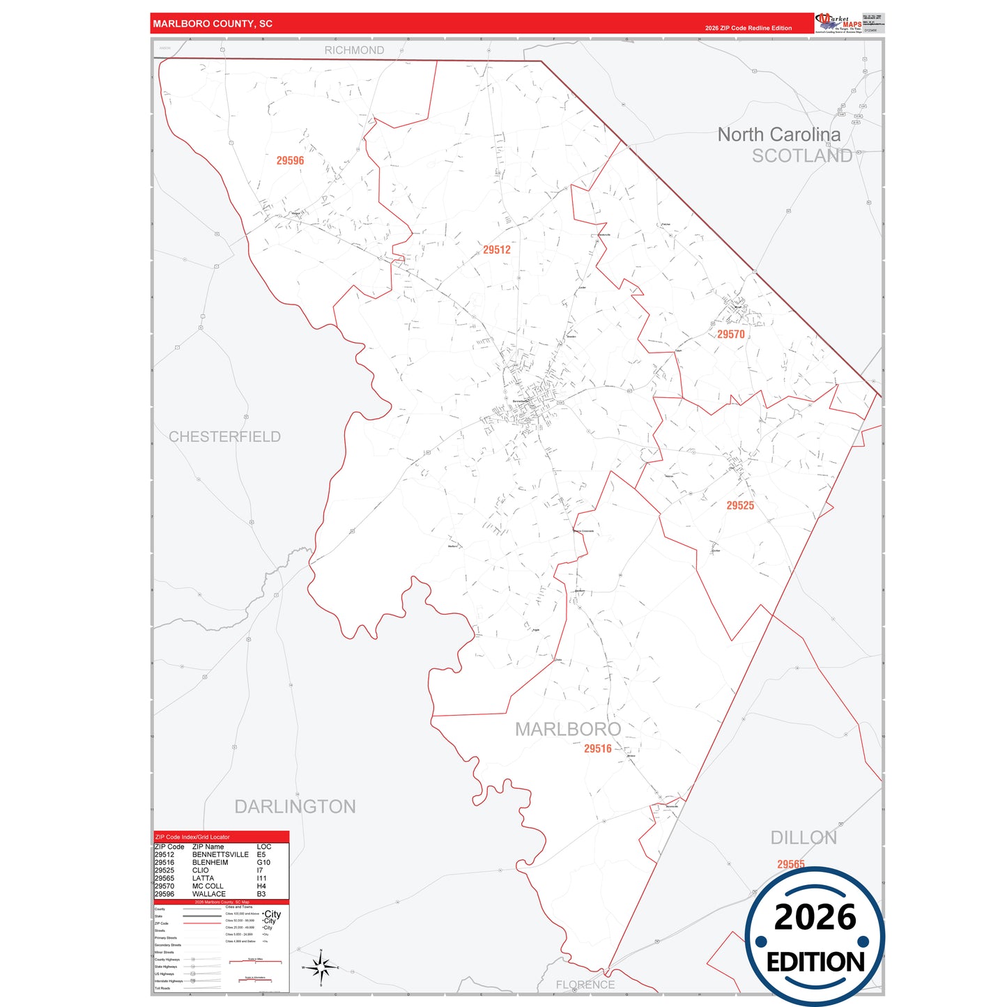 Marlboro County, SC Red Line 5 Digit ZIP Code Wall Map