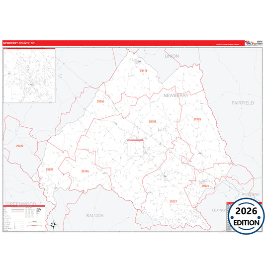 Newberry County, SC Red Line 5 Digit ZIP Code Wall Map