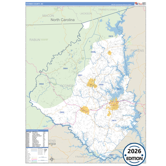 Oconee County, SC Business Reference 5 Digit ZIP Code Wall Map
