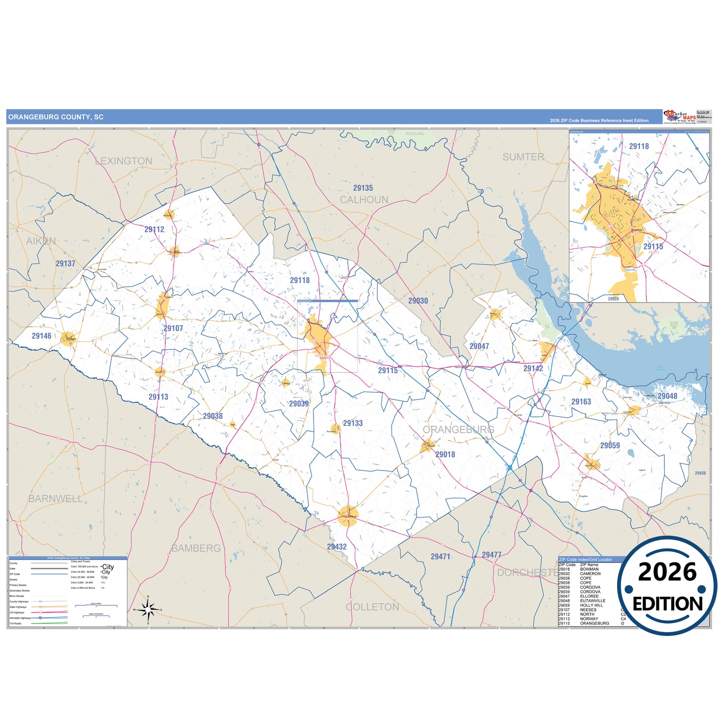 Orangeburg County, SC Business Reference 5 Digit ZIP Code Wall Map