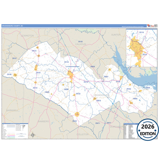 Orangeburg County, SC Business Reference 5 Digit ZIP Code Wall Map