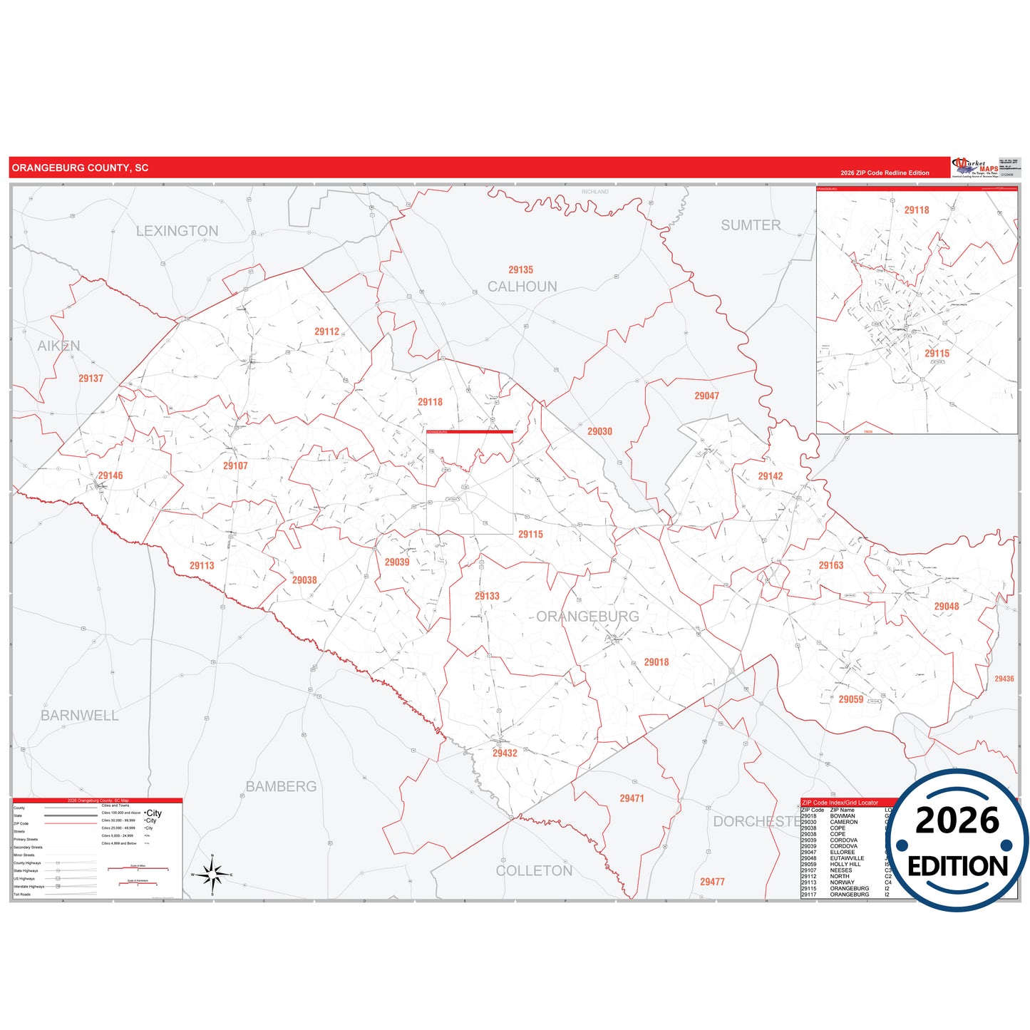 Orangeburg County, SC Red Line 5 Digit ZIP Code Wall Map