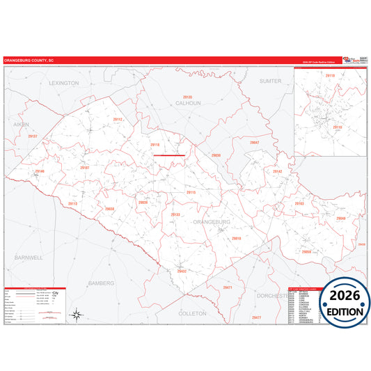 Orangeburg County, SC Red Line 5 Digit ZIP Code Wall Map