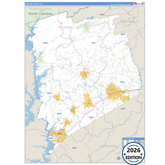 Pickens County, SC Business Reference 5 Digit ZIP Code Wall Map