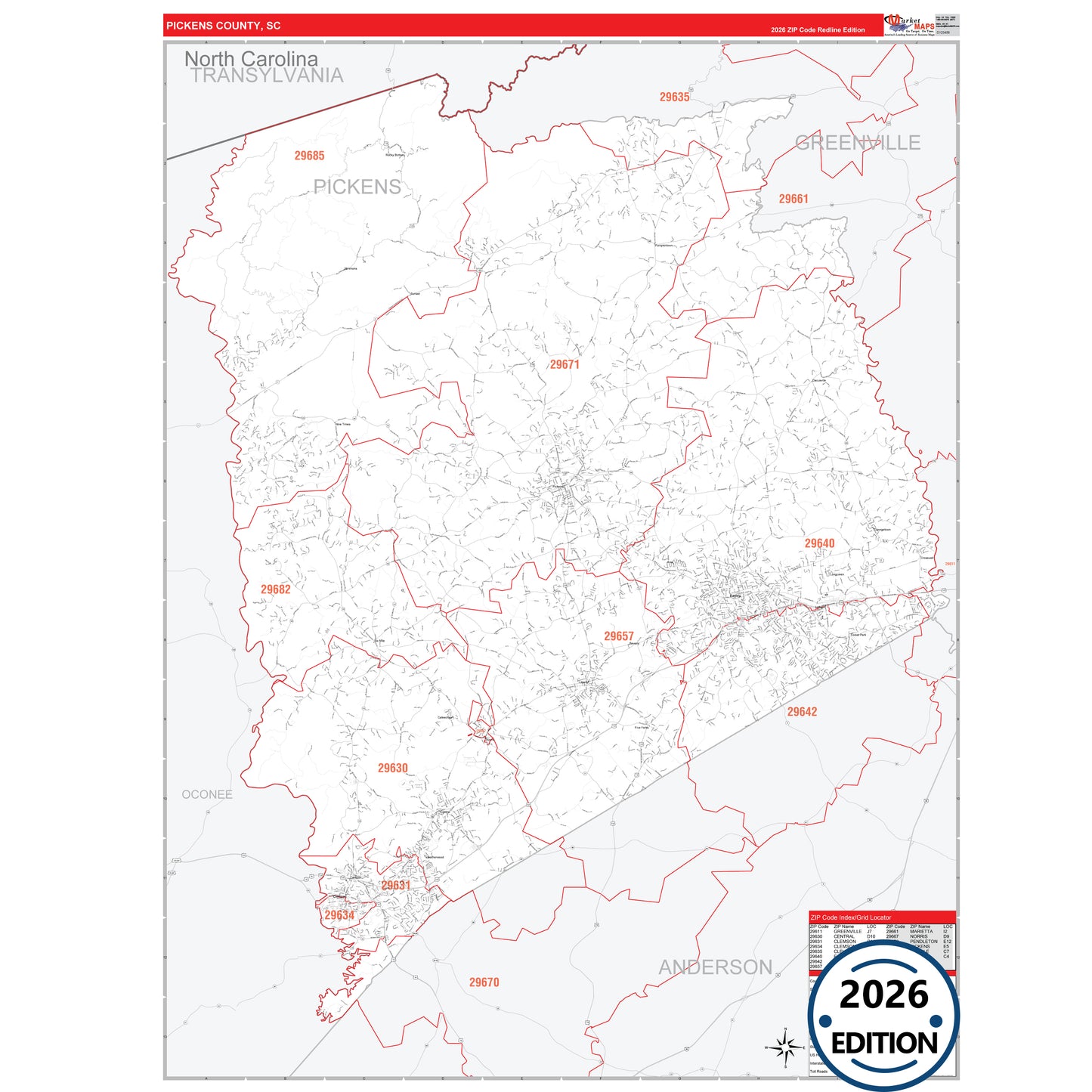 Pickens County, SC Red Line 5 Digit ZIP Code Wall Map