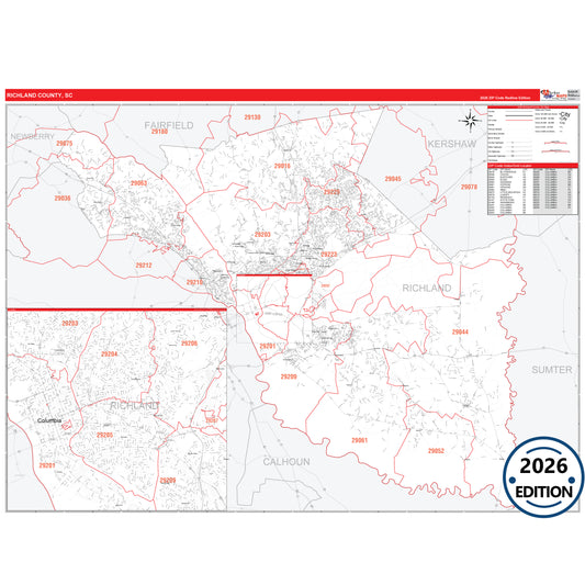 Richland County, SC Red Line 5 Digit ZIP Code Wall Map
