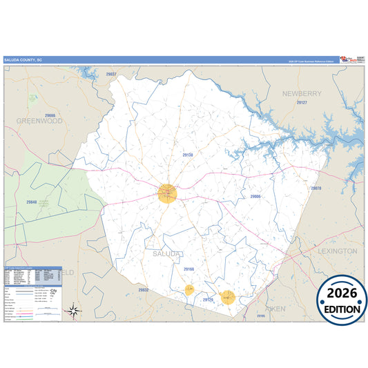 Saluda County, SC Business Reference 5 Digit ZIP Code Wall Map