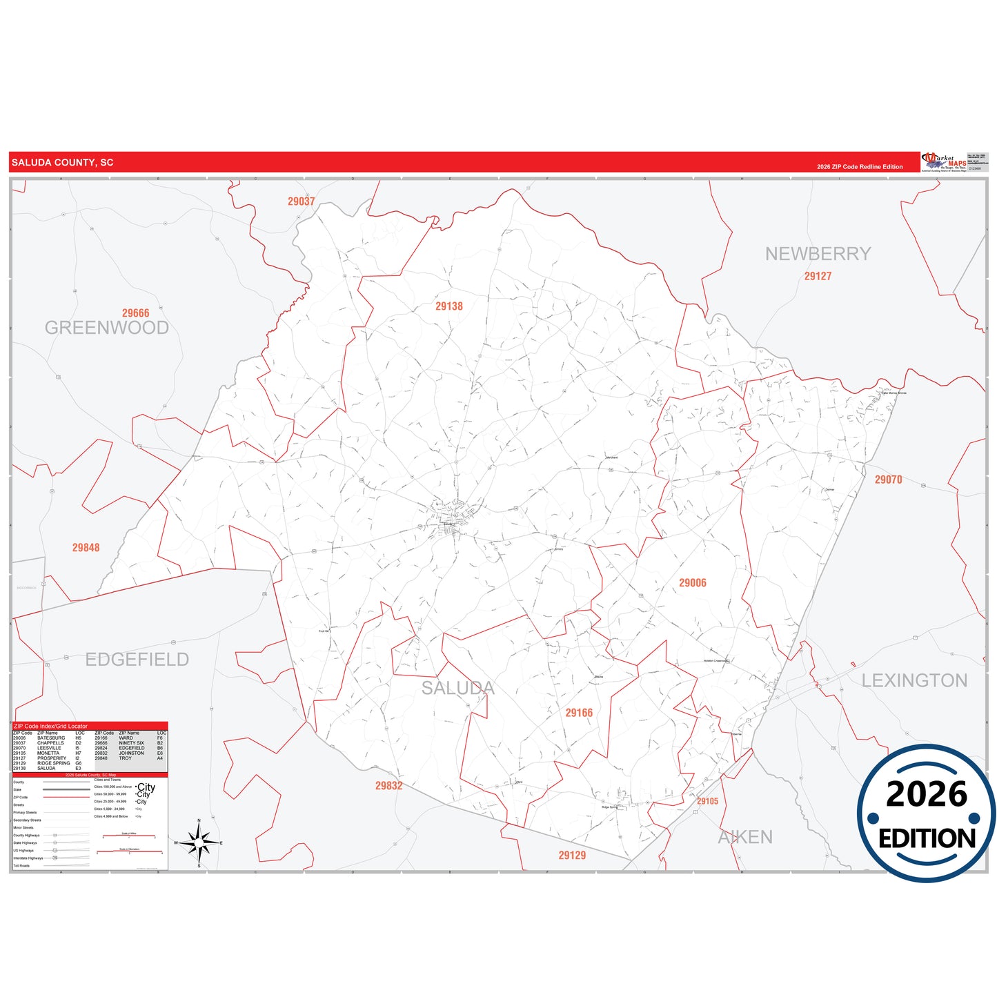 Saluda County, SC Red Line 5 Digit ZIP Code Wall Map