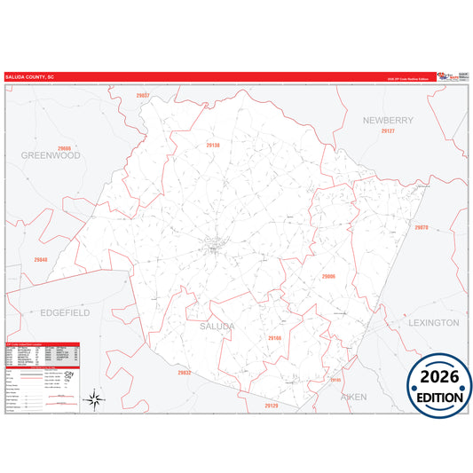 Saluda County, SC Red Line 5 Digit ZIP Code Wall Map