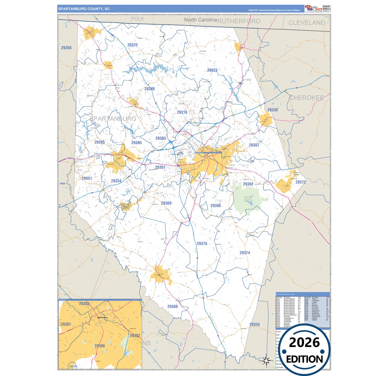 Spartanburg County, SC Business Reference 5 Digit ZIP Code Wall Map