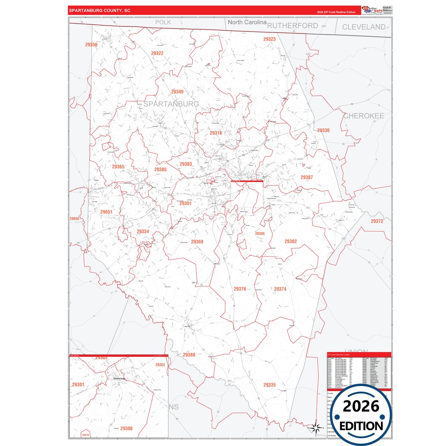 Spartanburg County, SC Red Line 5 Digit ZIP Code Wall Map