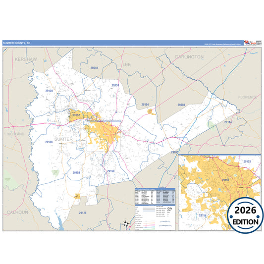 Sumter County, SC Business Reference 5 Digit ZIP Code Wall Map