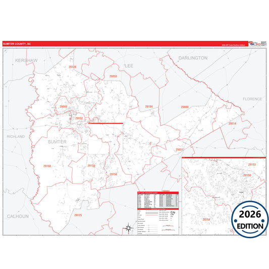 Sumter County, SC Red Line 5 Digit ZIP Code Wall Map