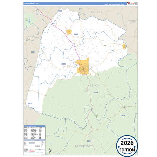 Union County, SC Business Reference 5 Digit ZIP Code Wall Map