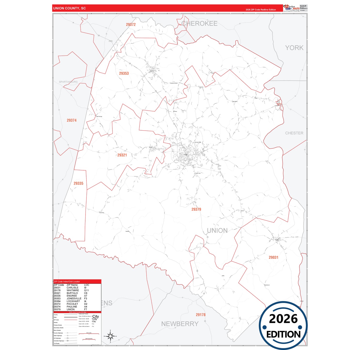 Union County, SC Red Line 5 Digit ZIP Code Wall Map