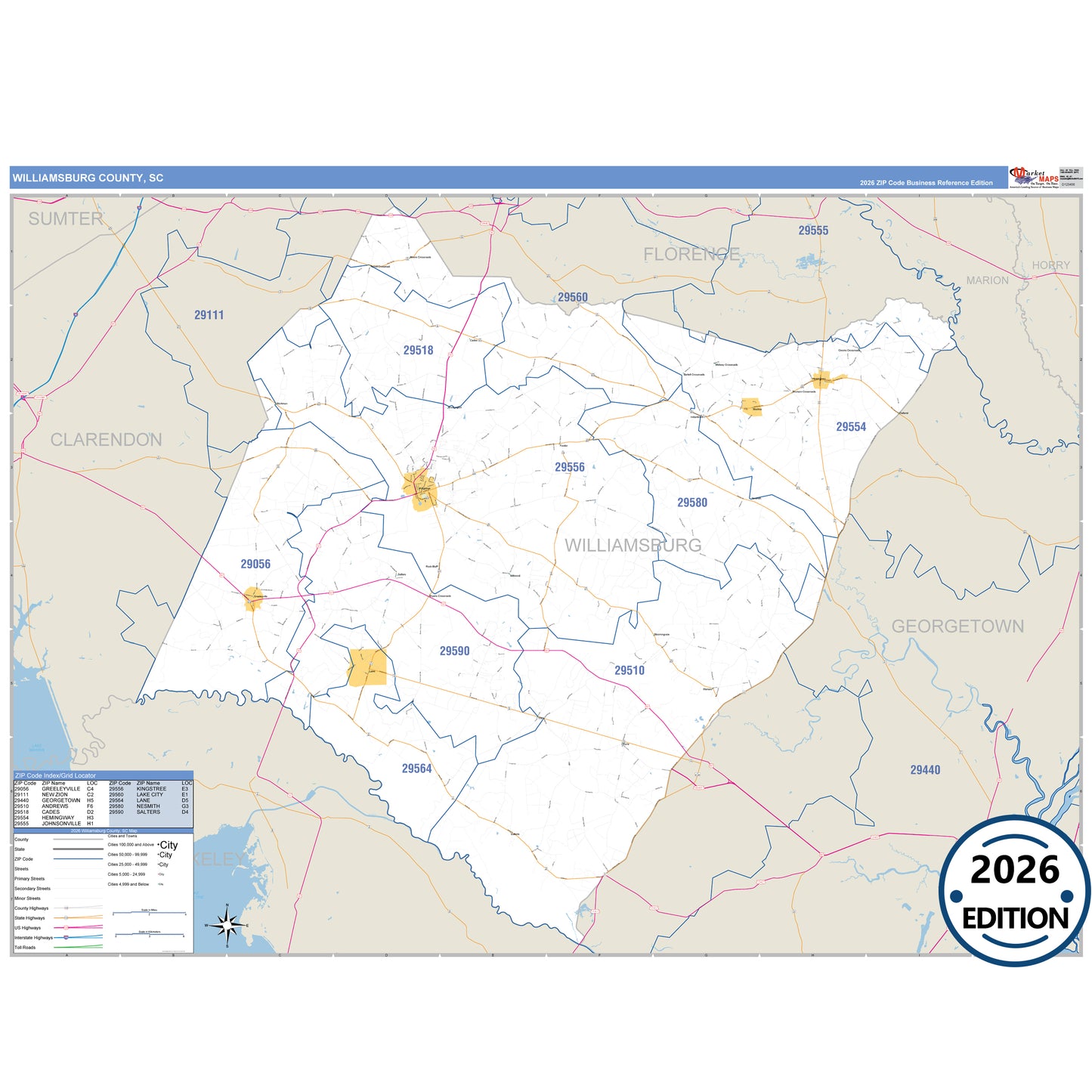 Williamsburg County, SC Business Reference 5 Digit ZIP Code Wall Map