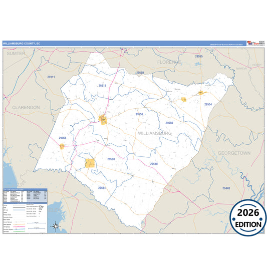 Williamsburg County, SC Business Reference 5 Digit ZIP Code Wall Map