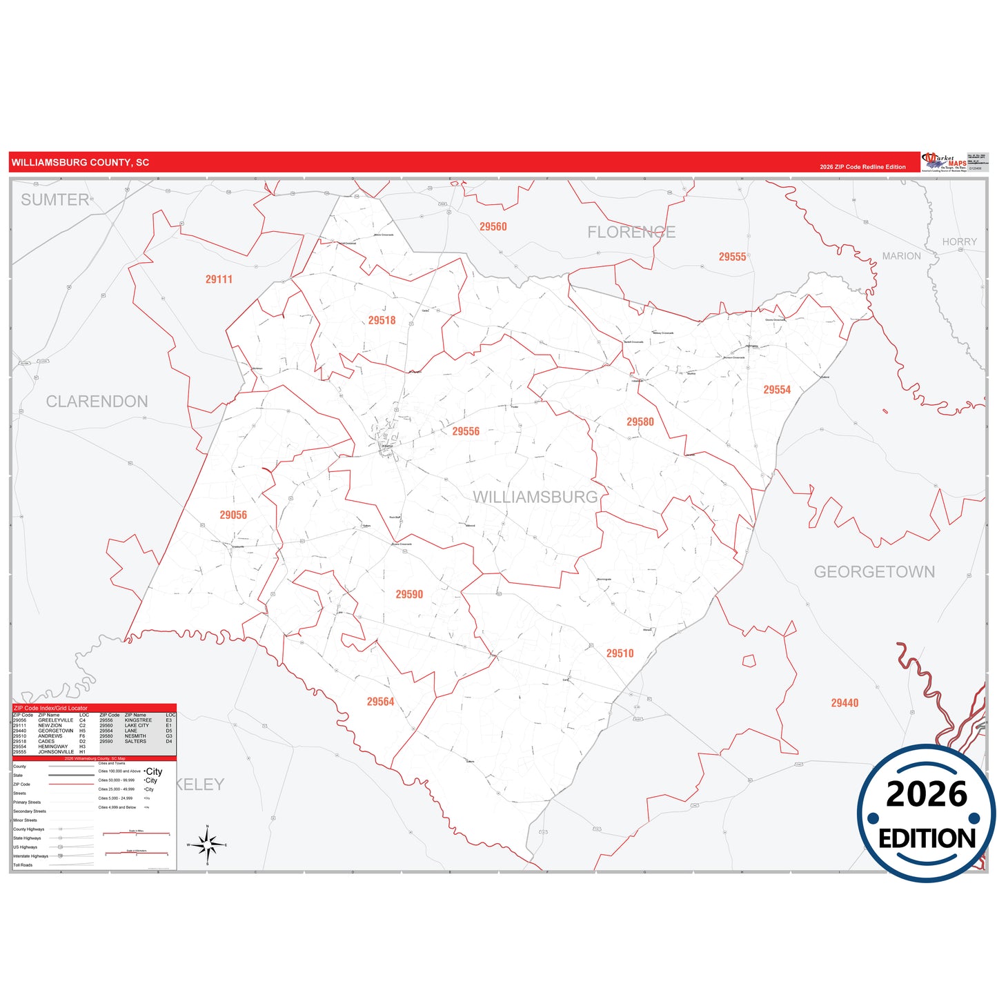 Williamsburg County, SC Red Line 5 Digit ZIP Code Wall Map