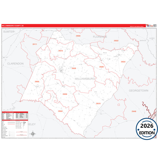 Williamsburg County, SC Red Line 5 Digit ZIP Code Wall Map