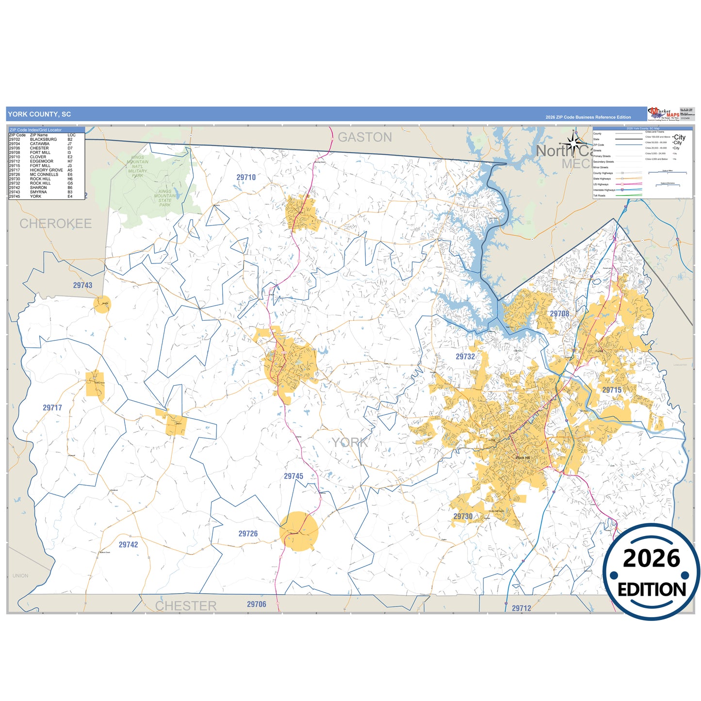 York County, SC Business Reference 5 Digit ZIP Code Wall Map