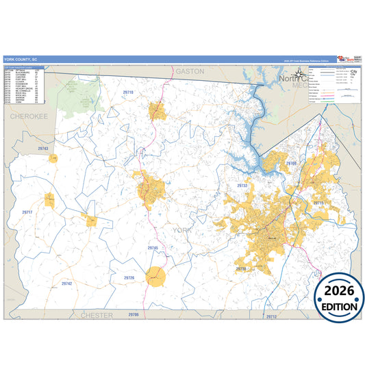 York County, SC Business Reference 5 Digit ZIP Code Wall Map