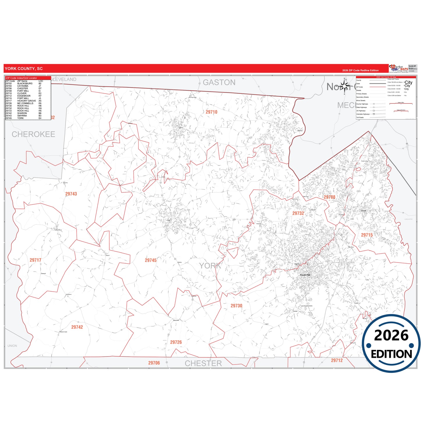 York County, SC Red Line 5 Digit ZIP Code Wall Map