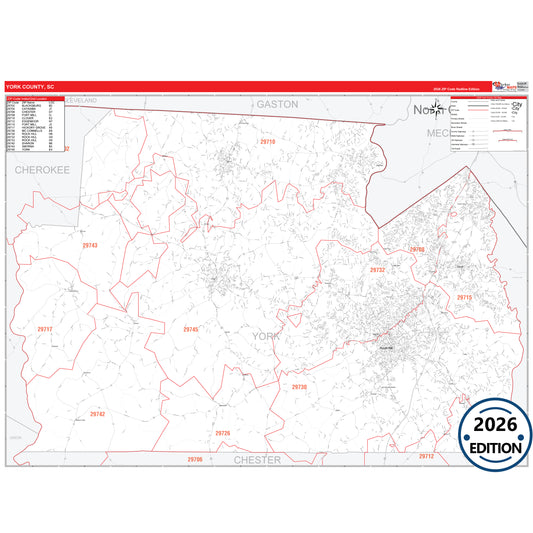 York County, SC Red Line 5 Digit ZIP Code Wall Map